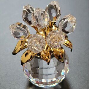 Swarovski 7 Tulip Flower Bouquet Gold Accents in Vase Pot Collectible Crystal